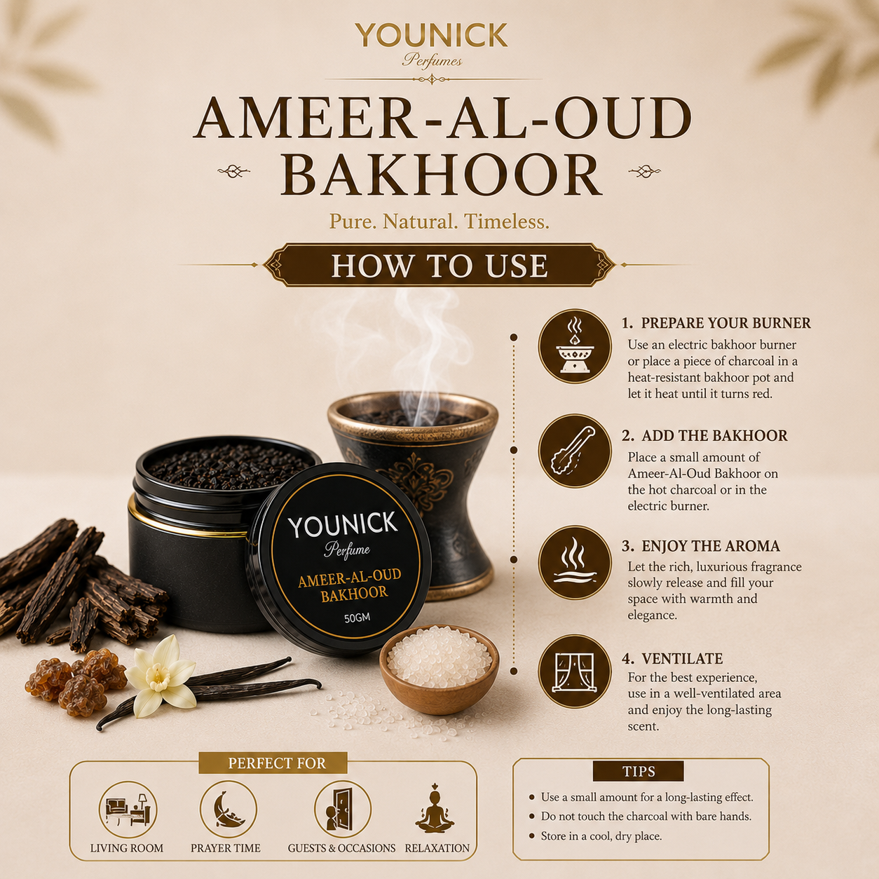 YOUNICK Ameer Al Oud Bakhour Chips | Premium Oud Incense | Rich Woody Aroma | Long-Lasting Home Fragrance | 25g / 50g