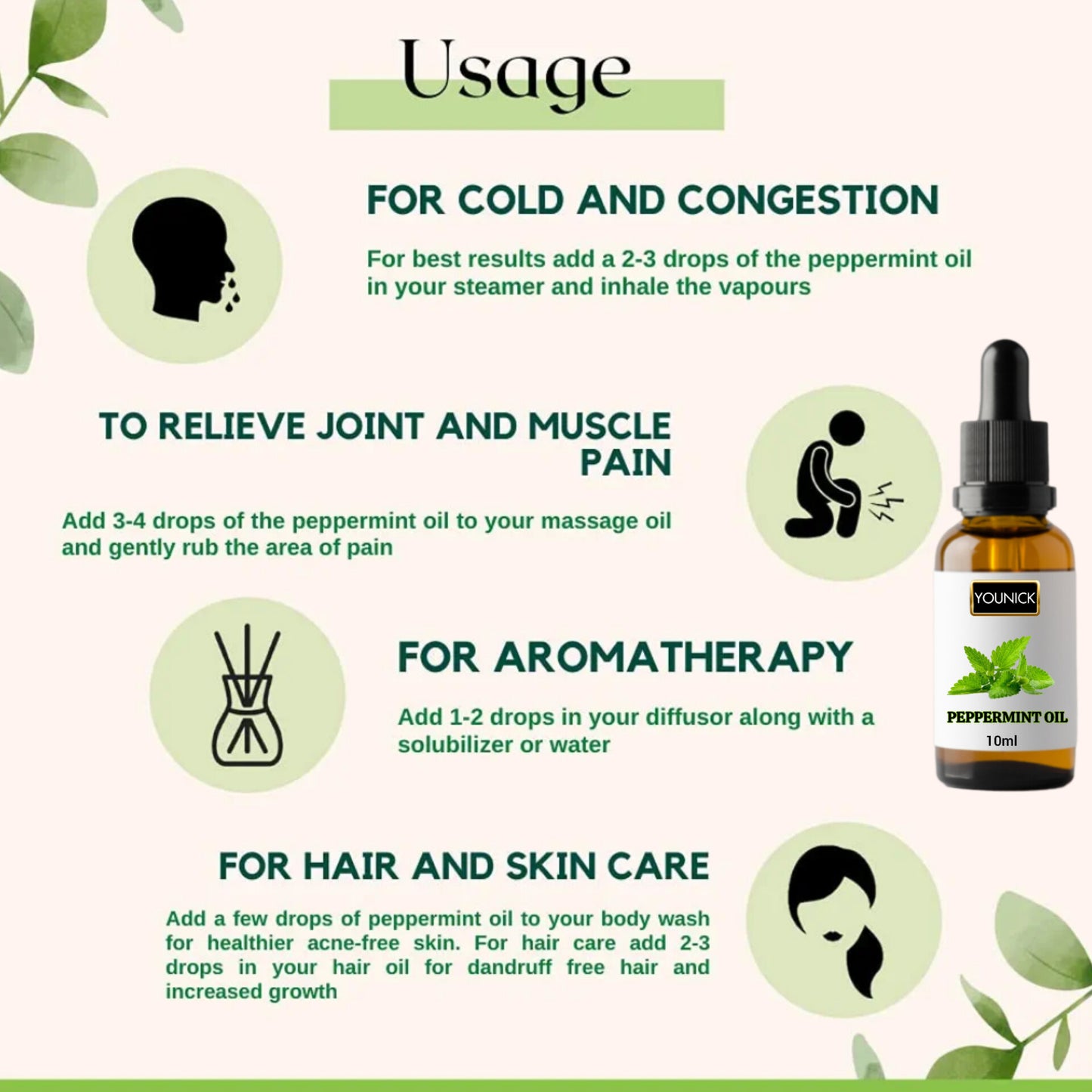 YOUNICK 100% Pure Peppermint Essential Oil Combo β (Pack of 2) 10ml Each with Dropper | Cold & Congestion Relief | Aromatherapy | Muscle & Joint Pain | Hair & Skin Care