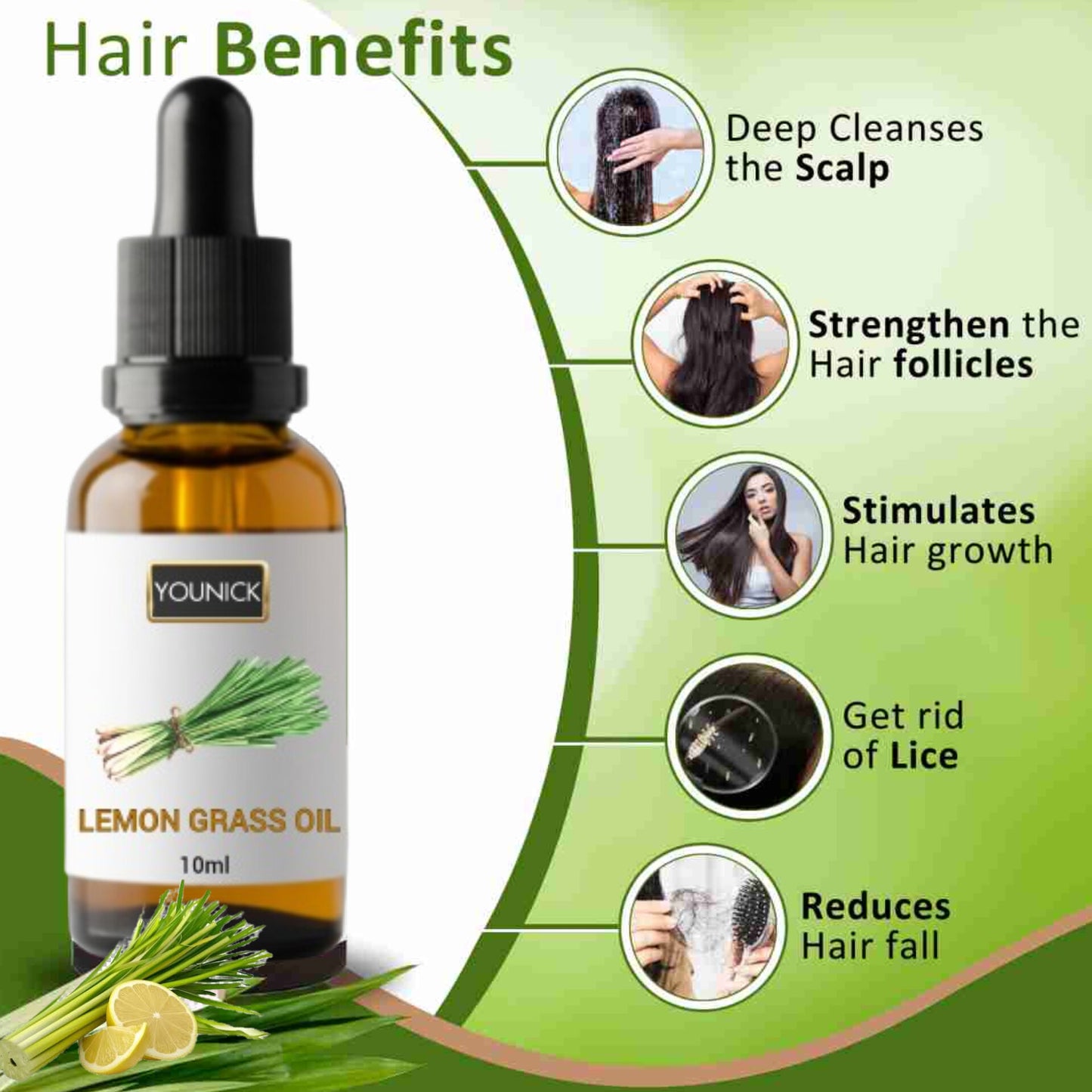 YOUNICK Lemongrass Essential Oil – 10ml | Deep Cleansing, Hair & Scalp Care, Stress Relief & Aromatherapy