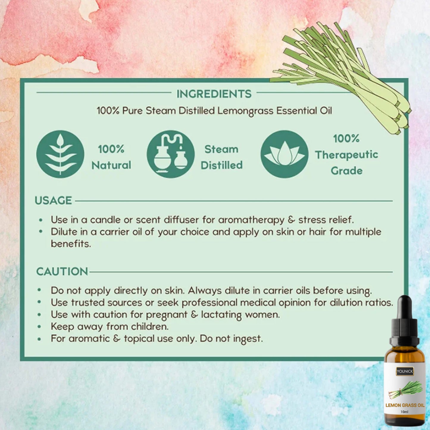 YOUNICK Lemongrass Essential Oil – 10ml | Deep Cleansing, Hair & Scalp Care, Stress Relief & Aromatherapy