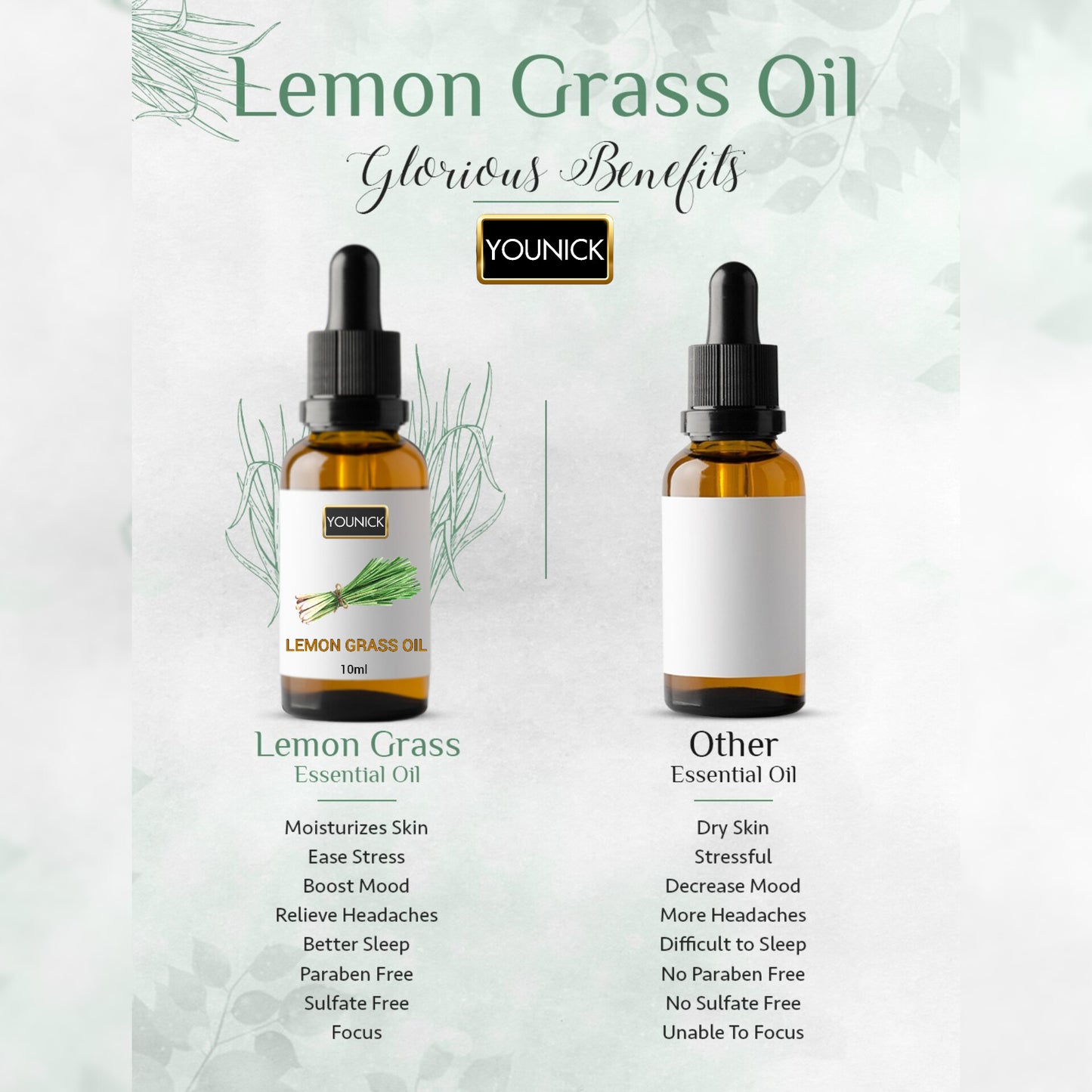 YOUNICK Lemongrass Essential Oil – 10ml | Deep Cleansing, Hair & Scalp Care, Stress Relief & Aromatherapy