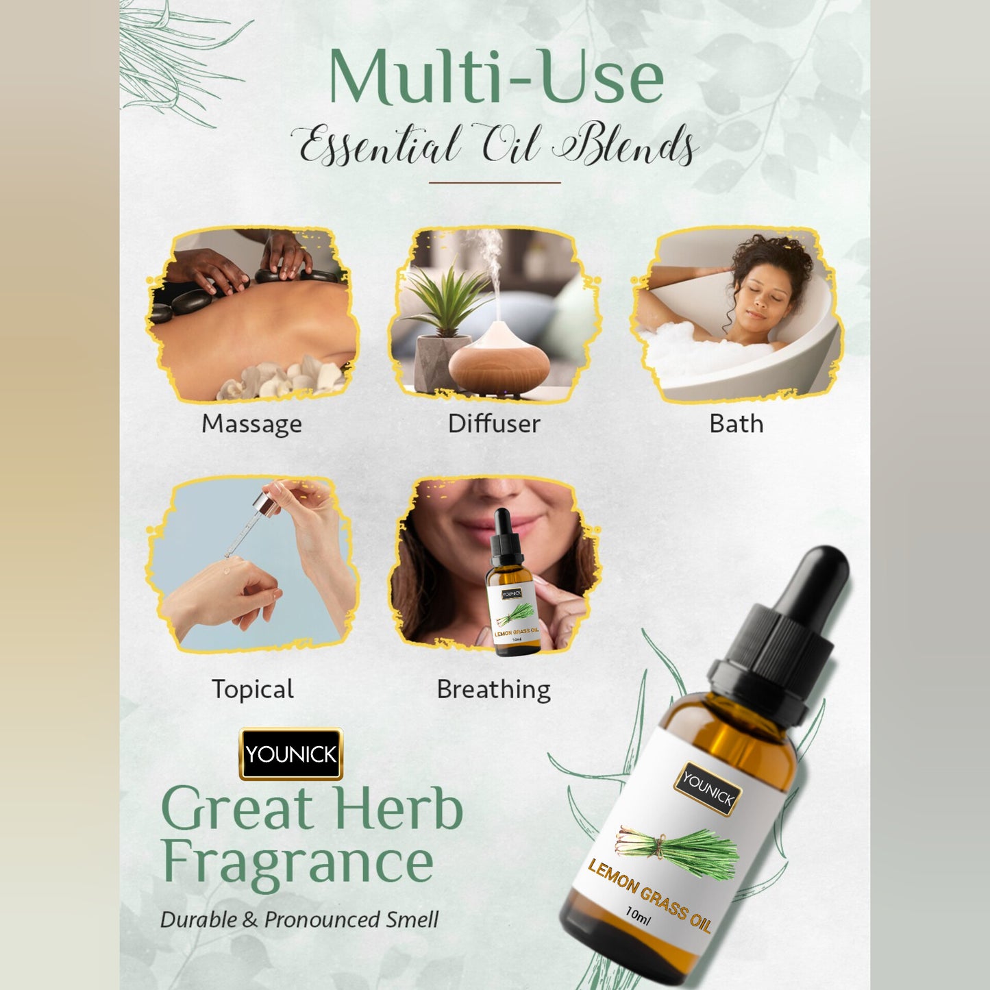 YOUNICK Lemongrass Essential Oil – 10ml | Deep Cleansing, Hair & Scalp Care, Stress Relief & Aromatherapy