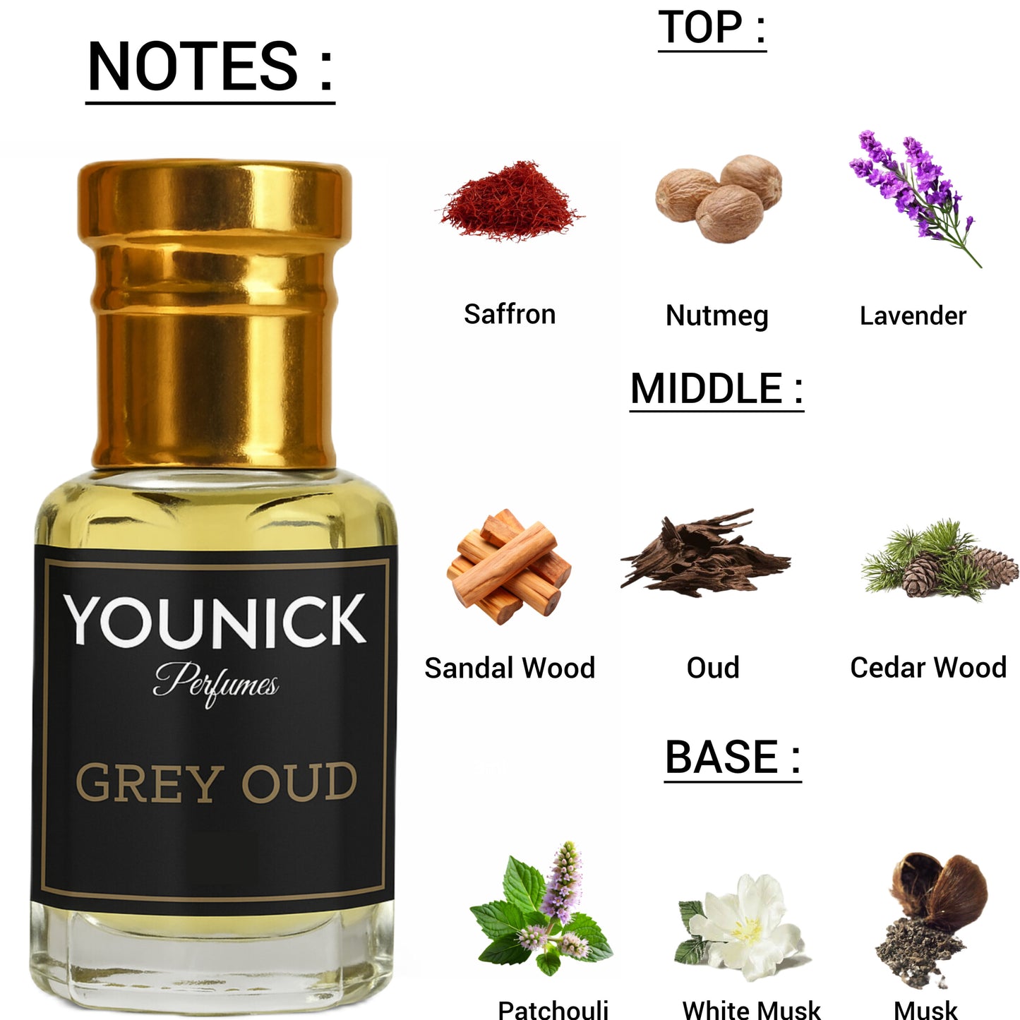 YOUNICK Grey Oud Attar - 6ml/12ml | A Luxurious Blend of Saffron, Oud & Musk