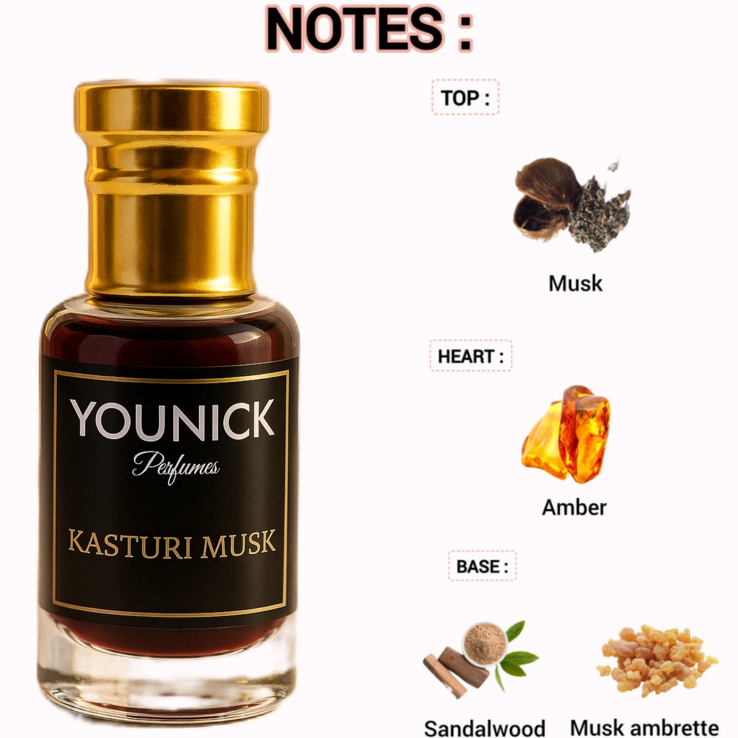 Younick Perfumes Kasturi Musk, Kesar Chandan, Arabian Nights Attar Combo (6mlx3, Total 18ml) – Strong Arabic Attars for Men