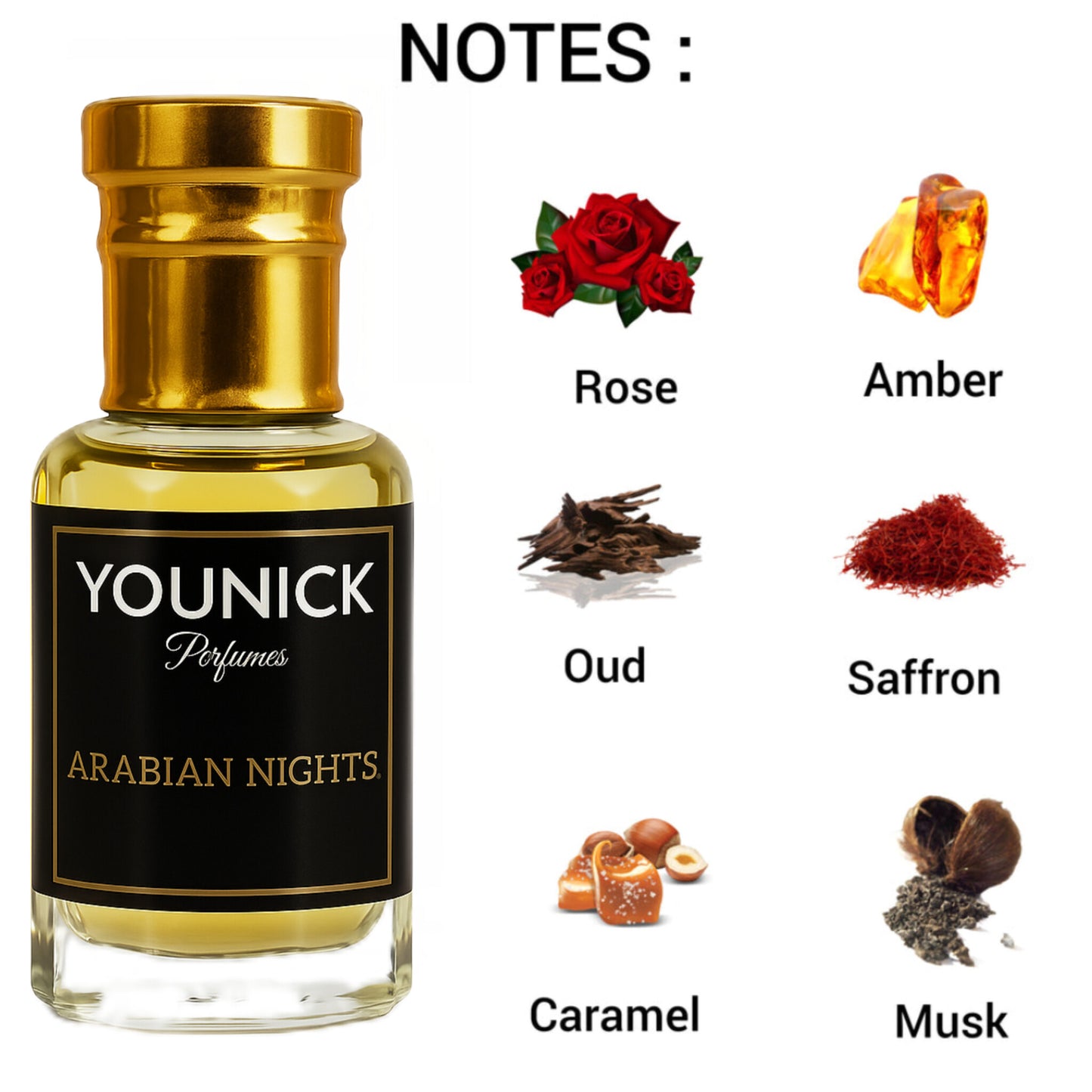Younick Perfumes Kasturi Musk, Kesar Chandan, Arabian Nights Attar Combo (6mlx3, Total 18ml) – Strong Arabic Attars for Men