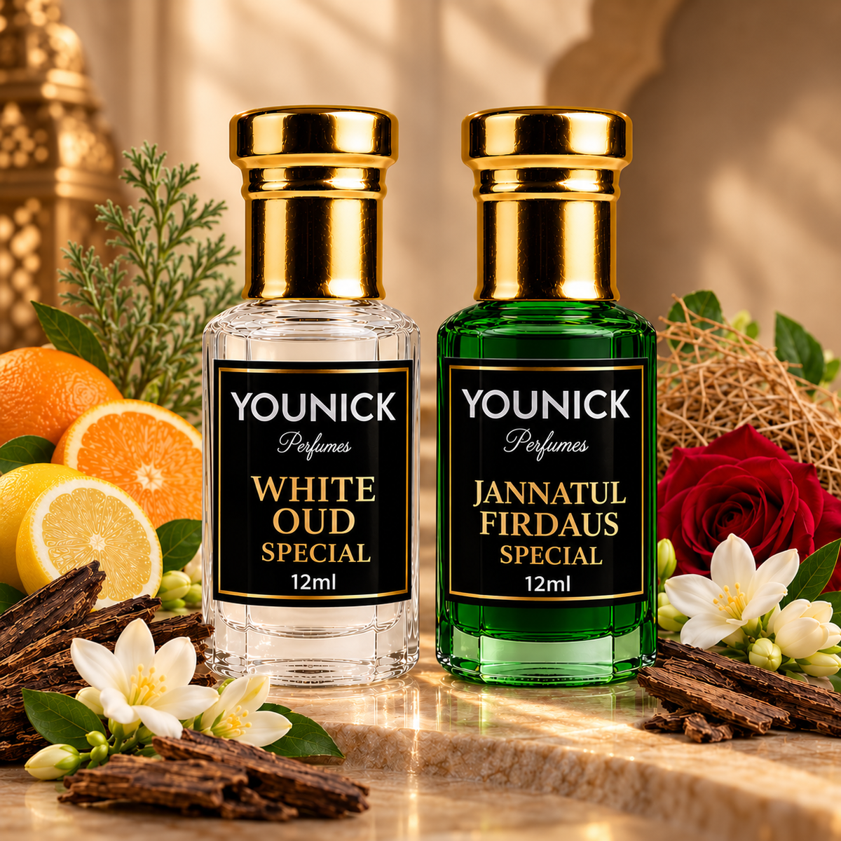 YOUNICK White Oud & Jannatul Firdaus Attar Combo Pack | 2 Traditional Fragrance Oils | 6ml Each and 12ml each