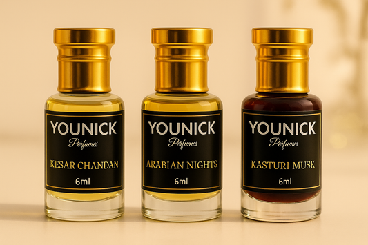 Younick Perfumes Kasturi Musk, Kesar Chandan, Arabian Nights Attar Combo (6mlx3, Total 18ml) – Strong Arabic Attars for Men