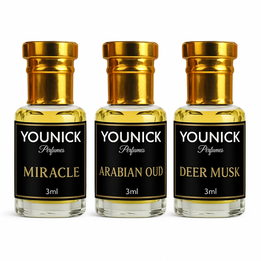 Attar Combo pack 3ml*3 bottles Arabian oudh, Miracle and Deer musk all 3 designer attars high quality by Younick