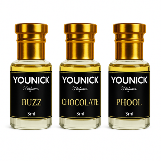BUZZ, CHOCO MUSK AND PHOOL ATTAR COMBO OF 3 MAGICAL ATTARS HIGH QUALITY FRAGNANCES BY YOUNICK