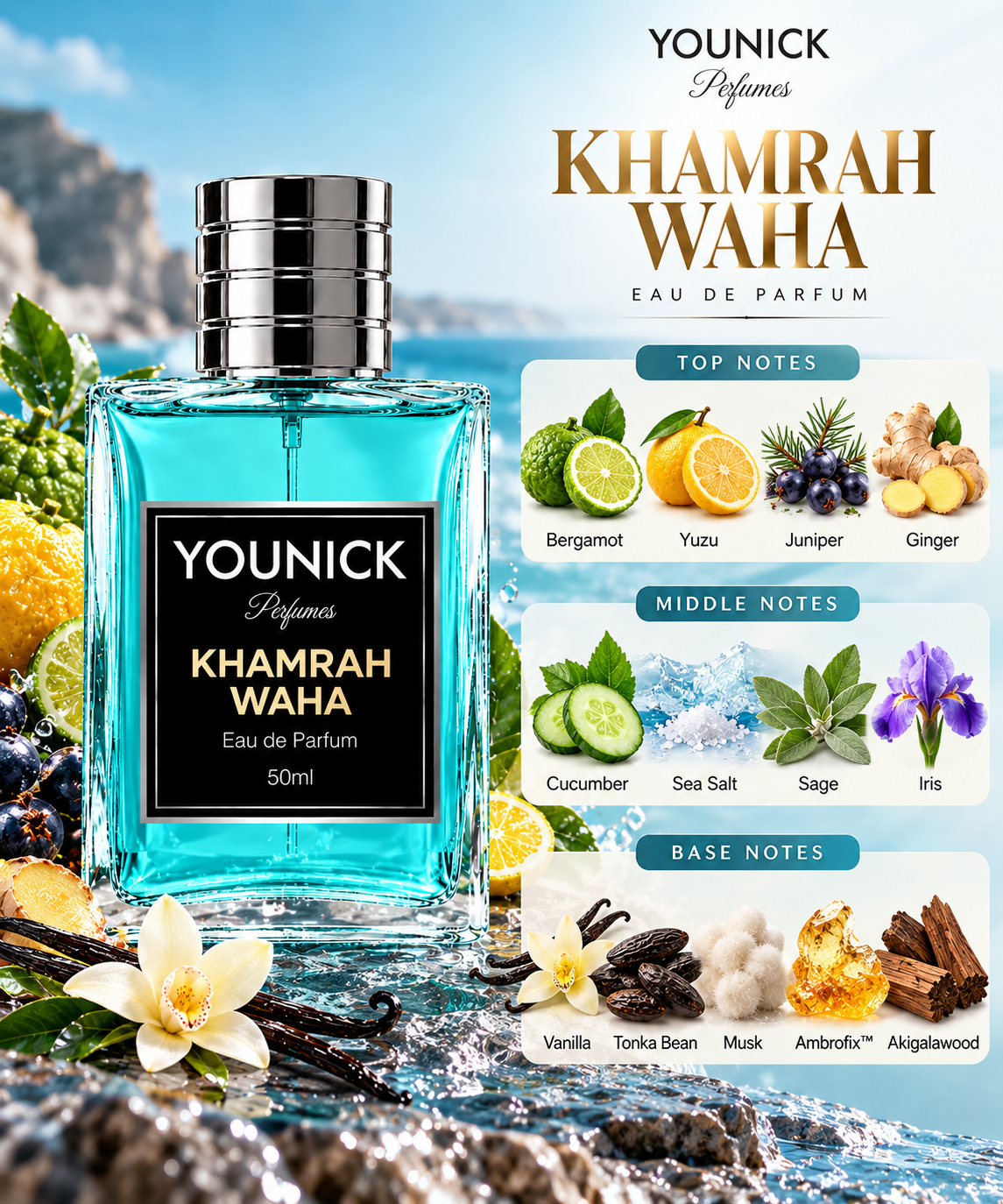 YOUNICK KHAMRAH WAHA Eau de Parfum for Men & Women | Fresh Citrus, Aquatic & Woody Fragrance | Inspired by Khamrah Waha by Lattafa | 50ml & 100ml