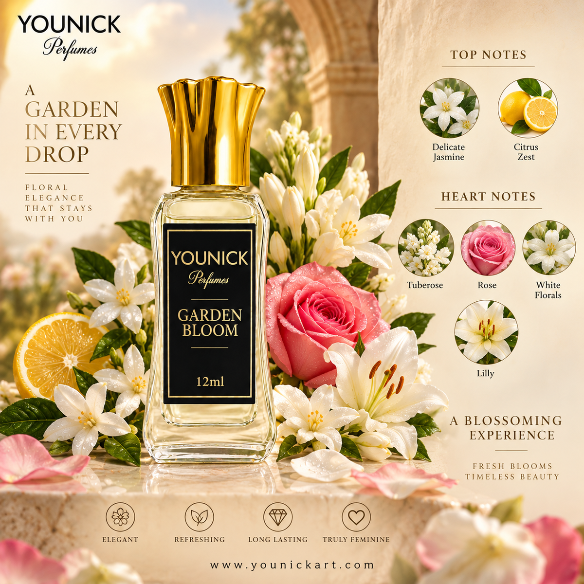 YOUNICK Garden Bloom Attar – Floral Jasmine, Tuberose & Rose Attar | 6ml / 12ml / 25ml