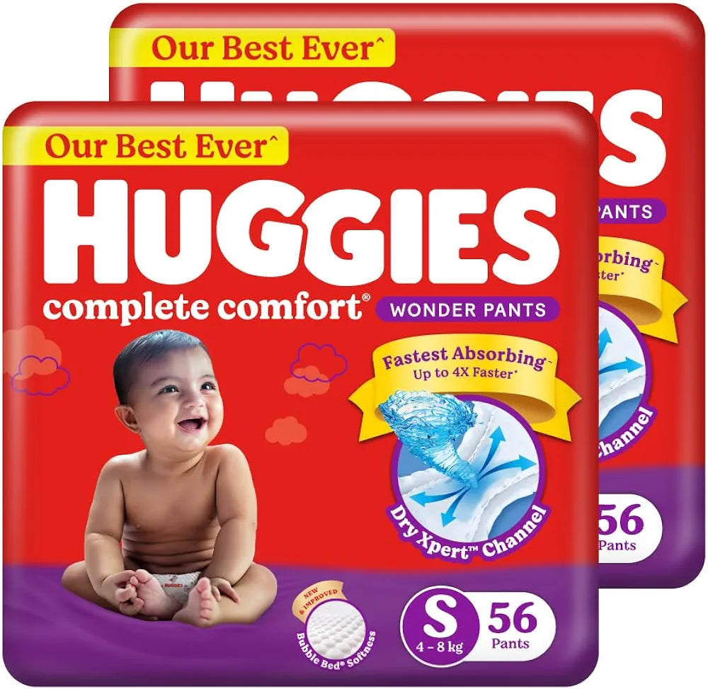 Huggies S 56*2=112 Complete Comfort Wonder Pants, (4-8kgs) Small (S) Size Baby Diaper Pants, Combo Pack