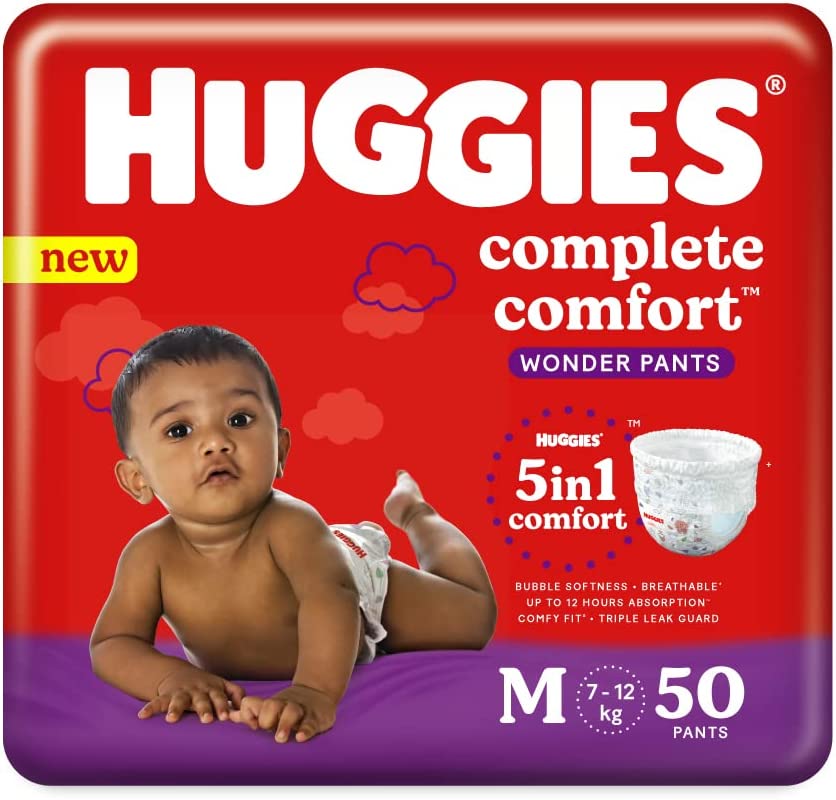 Huggies Complete Comfort Wonder Pants | Pant Style Baby Diapers M Size, 50 Count | India's Fastest Absorbing Diaper, Patented Dry Xpert Channel, Ideal for 7 to 12 Kgs