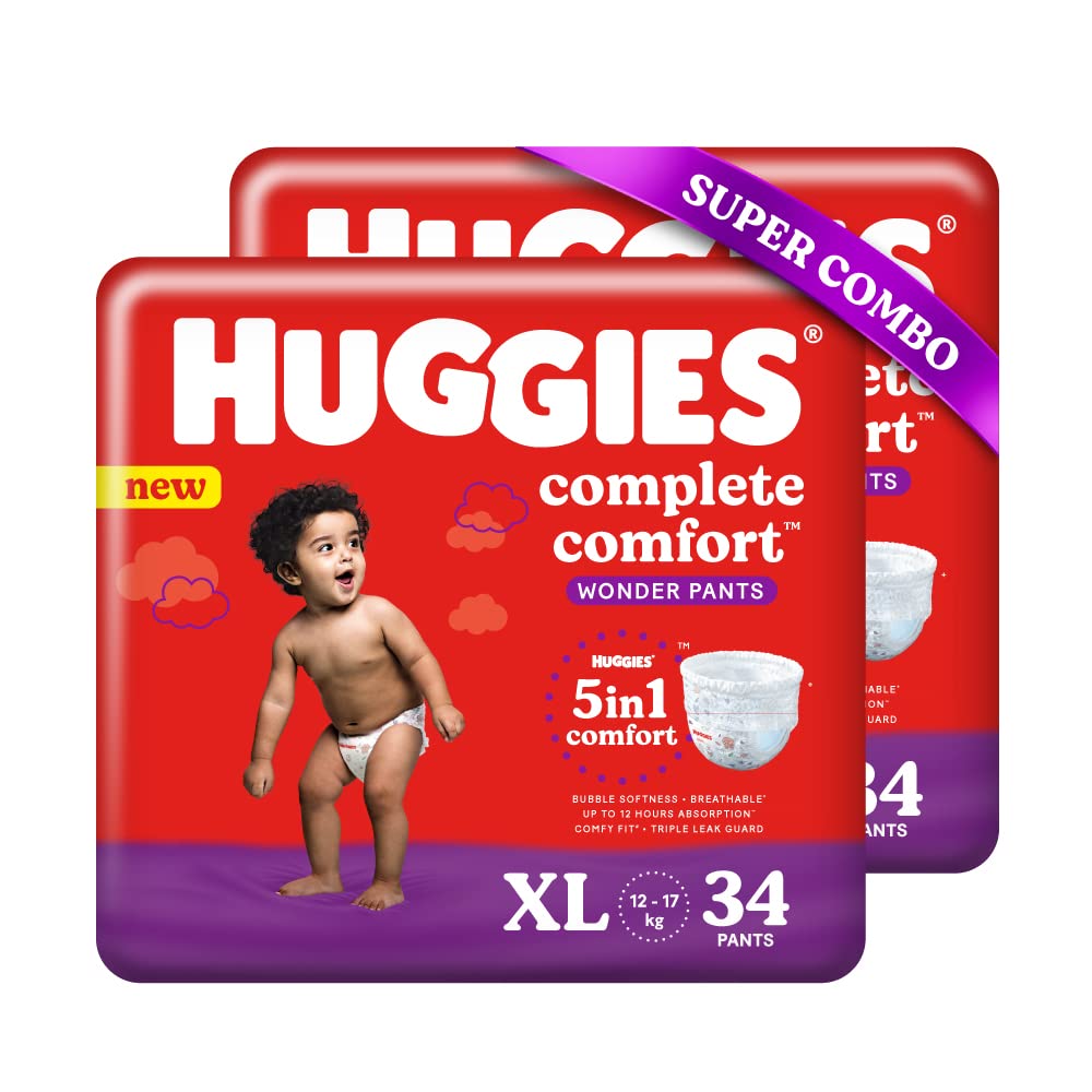 Huggies XL 34*2=68pcs Complete Comfort Wonder Pants,12-17kgs Extra Large (XL) Size Baby Diaper Pants, Combo Pack of 2