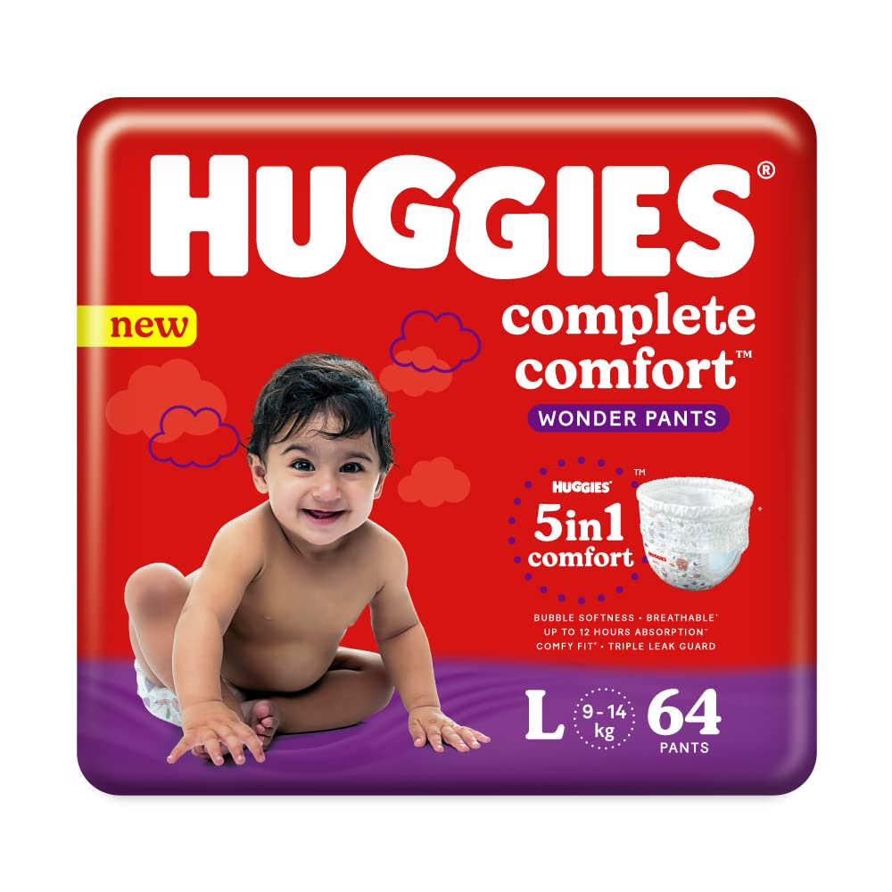 Huggies Complete Comfort Wonder Pants,Large (L) Size Baby Diaper Pants,(64 count) (9-14Kg) with 5 in 1 Comfort