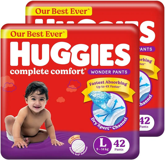 Huggies Combo Complete Comfort Wonder Pants, Large L 42*2=84PCS (9-14kgs) Baby Diaper Pants, with 5 in 1 Comfort