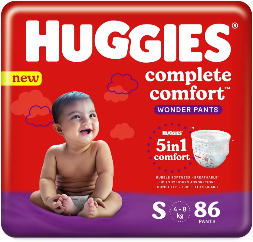 Huggies Complete Comfort Wonder Pants Small (S) Size Baby Diaper Pants, 86 count, 4-8kg,with 5 in 1 Comfort