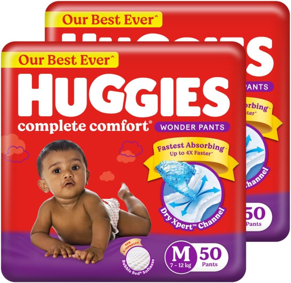 Huggies M 50*2=100 Complete Comfort Wonder Pants, Medium (7-12kg) Size Count 100 Baby Diaper Pants Combo Pack of 2, with 5 in 1 Comfort