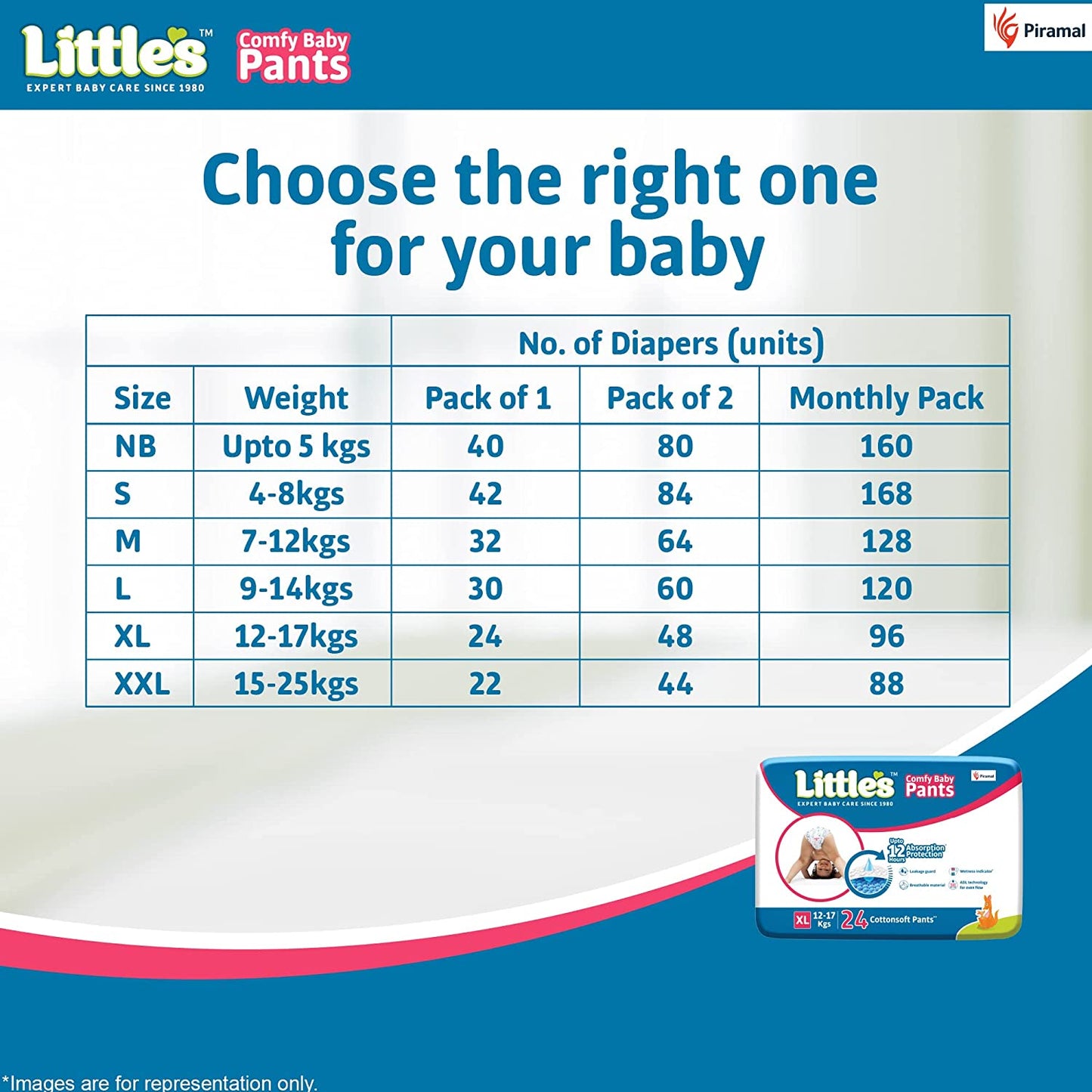 Little's Baby Pants Diapers XL26*2=52 Combo Pack 12 Hours Absorption, Extra Large Size, 12 - 17 kgs