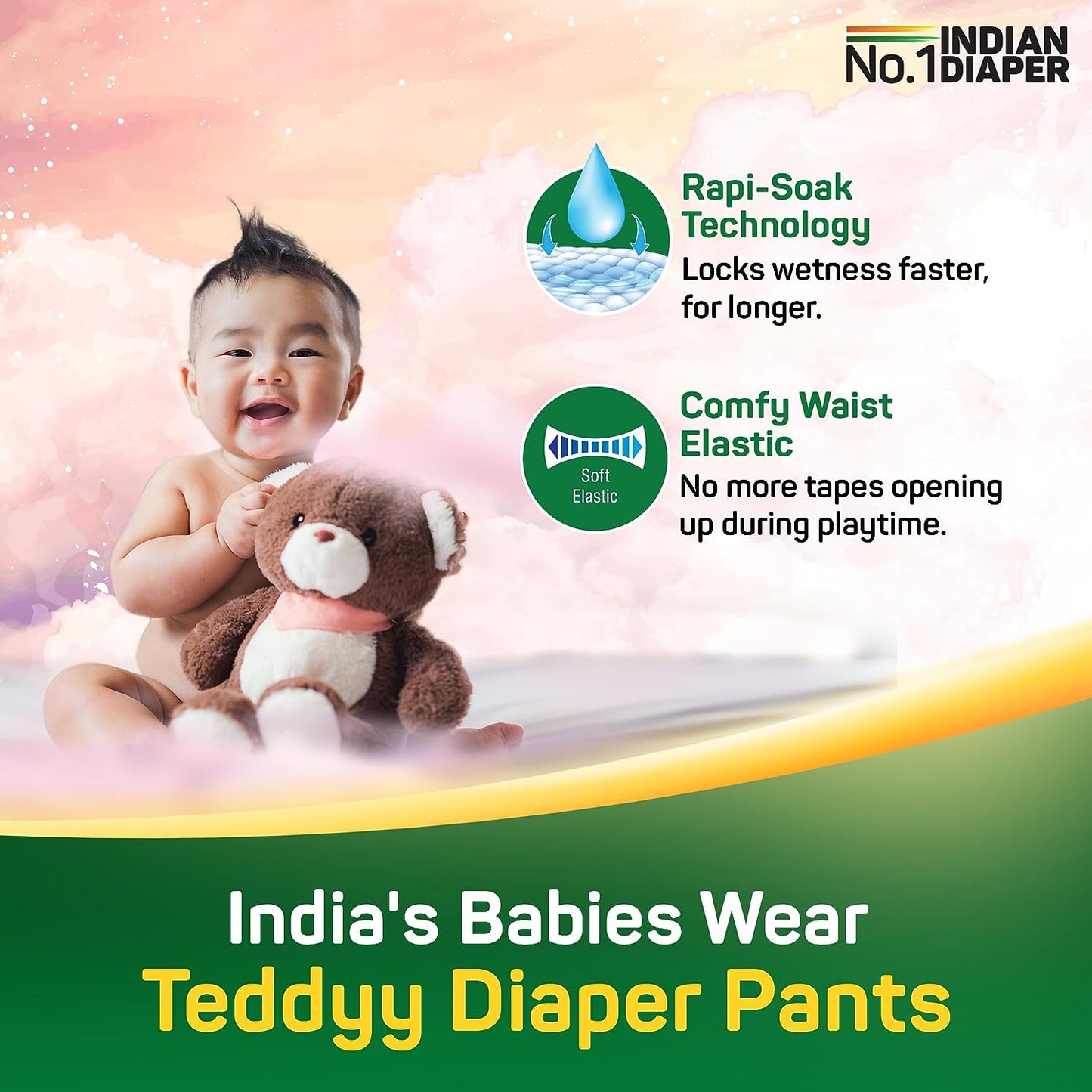 TEDDYY Baby Easy Pant Diapers Medium 74 Count (Pack of 1), 7-12 kgs, 12 hrs Leak Protection, Anti - Bacterial