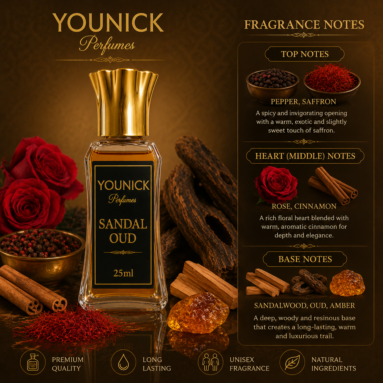 YOUNICK Sandal Oud Attar – Premium Woody Oud & Sandalwood Perfume Oil | Long Lasting Unisex Itr | 6ml / 12ml / 25ml