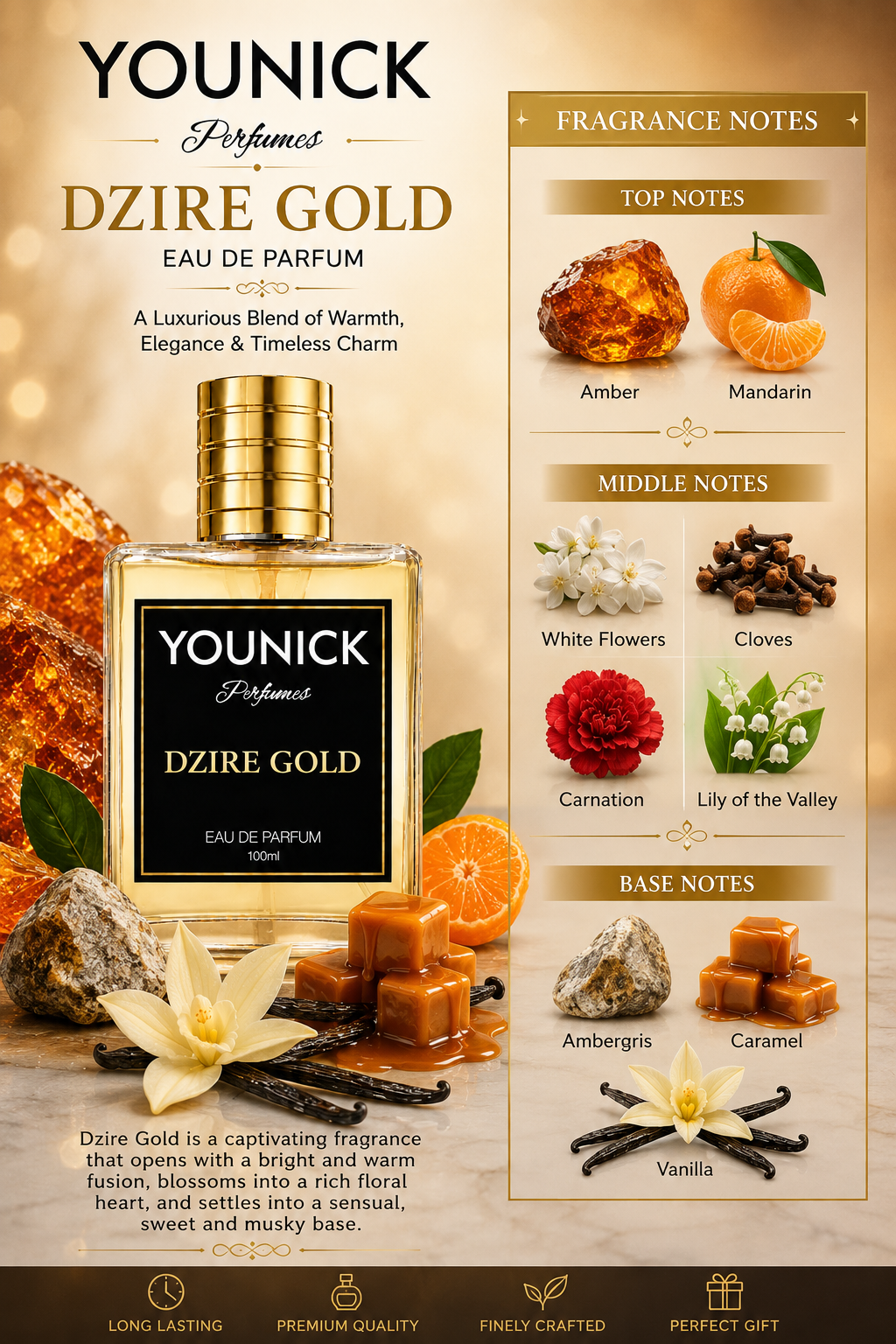 YOUNICK Dzire Gold Eau de Parfum | Luxury Long Lasting Perfume