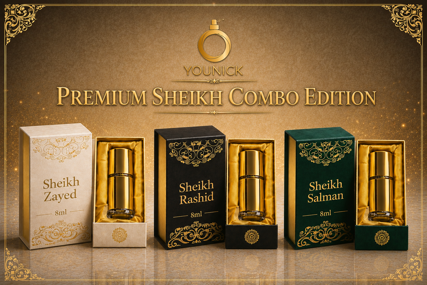 YOUNICK Sheikh Edition Combo – Sheikh Zayed, Sheikh Rashid & Sheikh Salman | 8ml × 3 Attars
