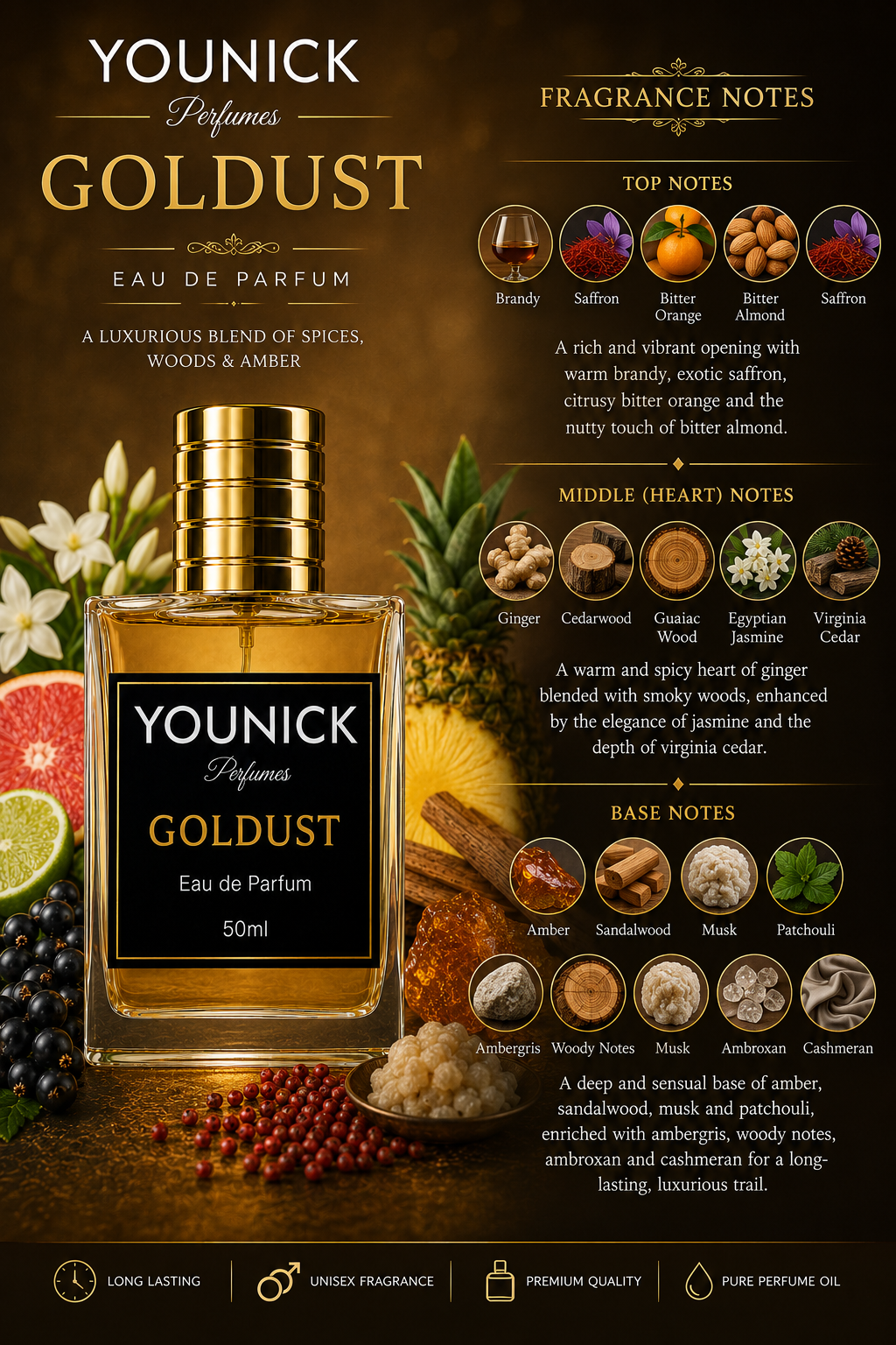 YOUNICK Goldust Eau De Parfum – Premium Long-Lasting Luxury Fragrance | 50ml / 100ml