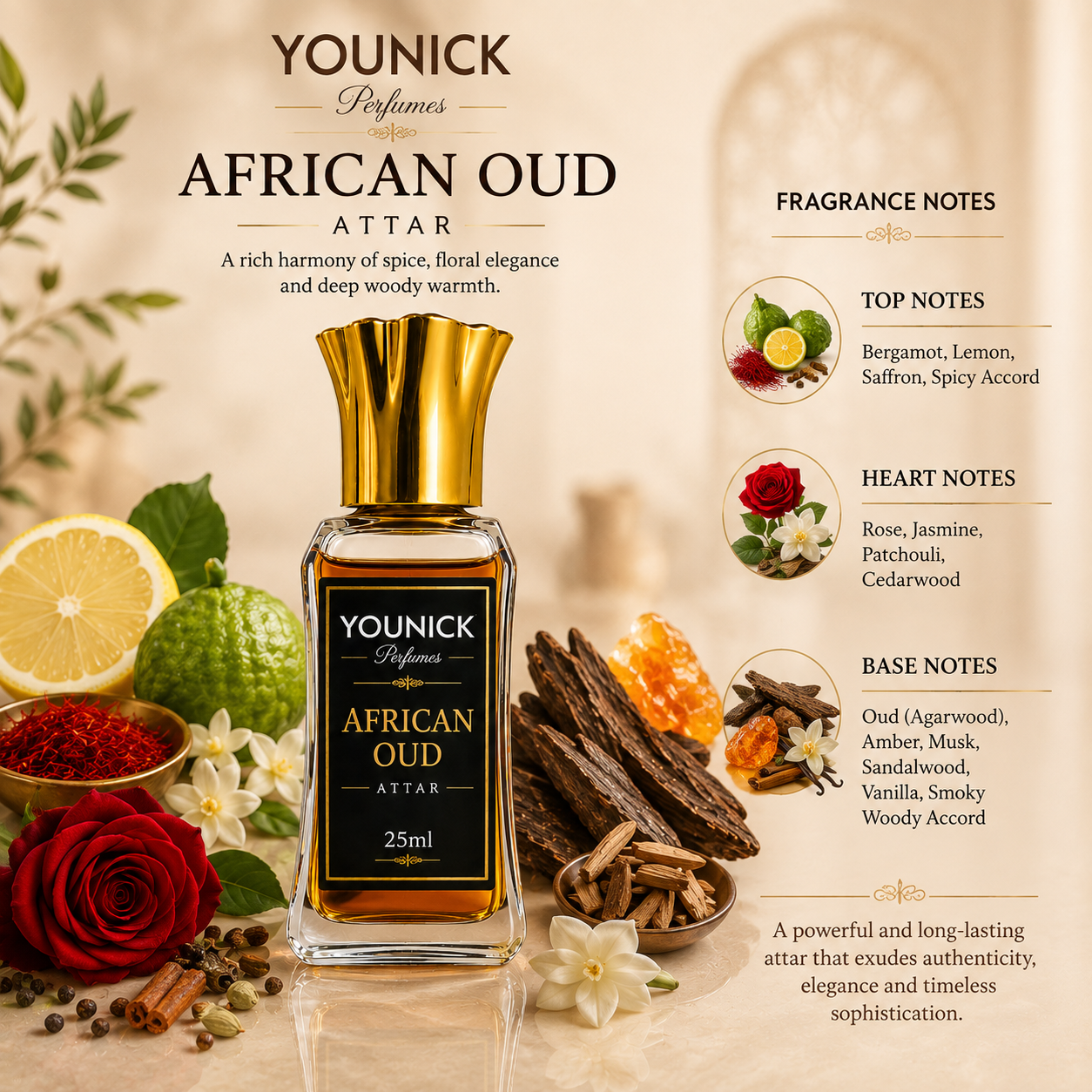 YOUNICK African Oud Premium Attar | Long Lasting Luxury Non-Alcoholic Perfume Oil | Rich Oud, Amber, Musk & Vanilla | Unisex