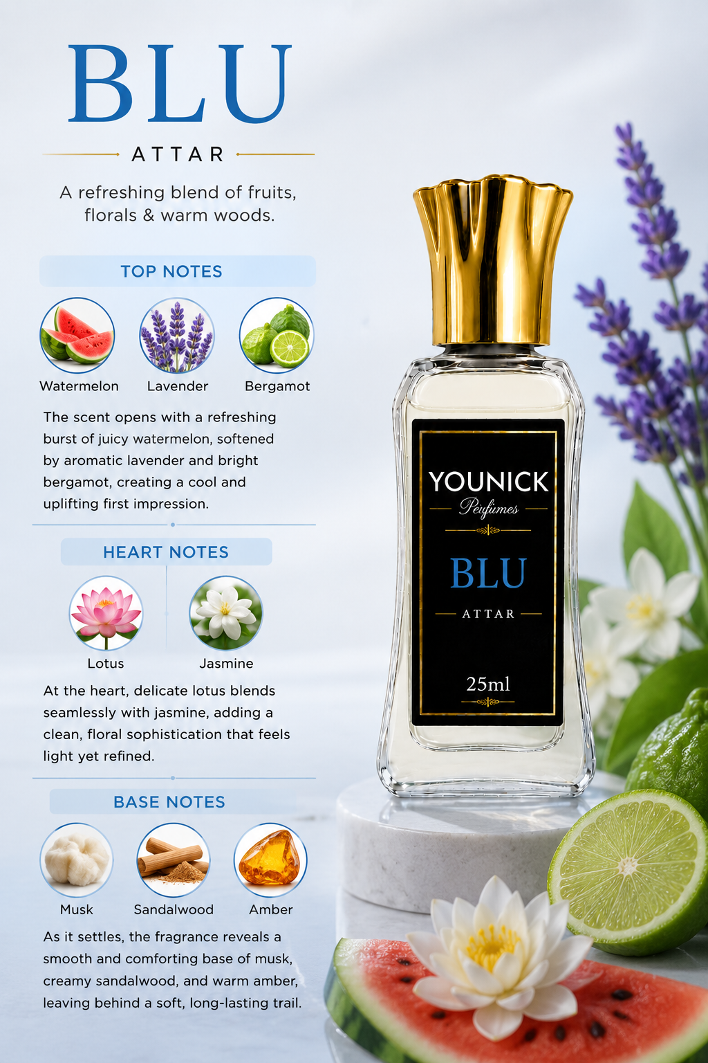YOUNICK BLU Premium Attar | Fresh Aquatic Long Lasting Perfume Oil | Unisex Alcohol-Free Attar (Inspired By BLU by AJMAL)