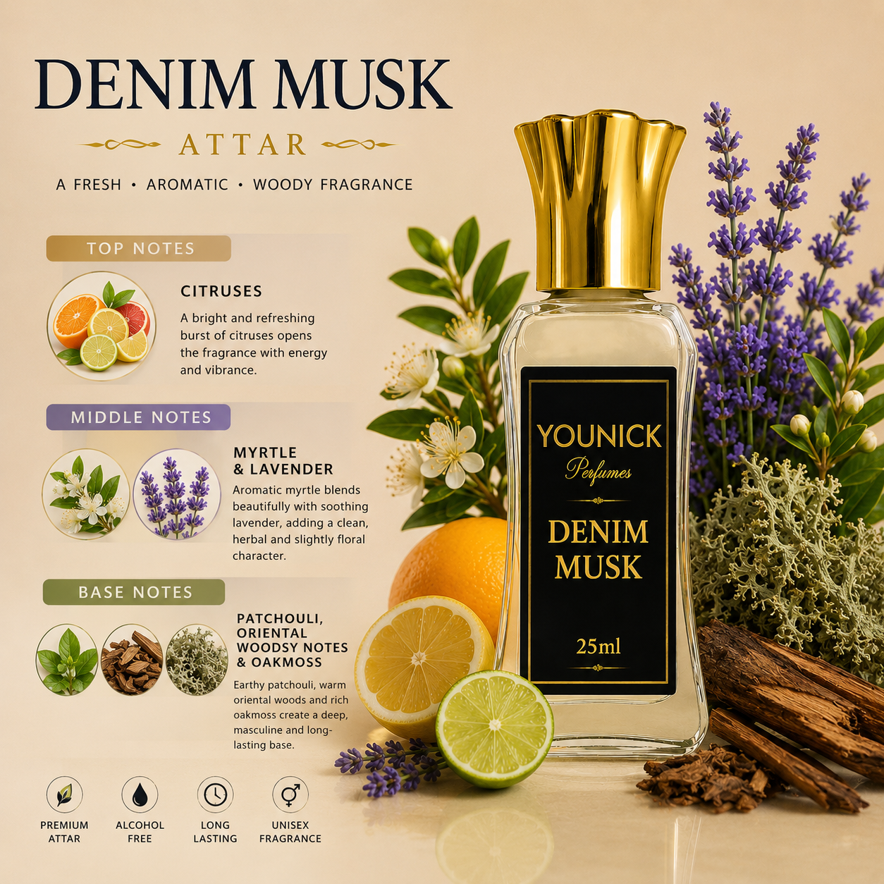 YOUNICK Denim Musk Premium Attar | Fresh Woody Long Lasting Perfume Oil | Unisex Alcohol-Free Attar