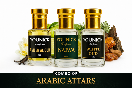 YOUNICK Arabic Attar Combo – Ameer Al Oud, Najwa & White Oud | 3 × 6ml Long Lasting Alcohol-Free Attars for Men & Women