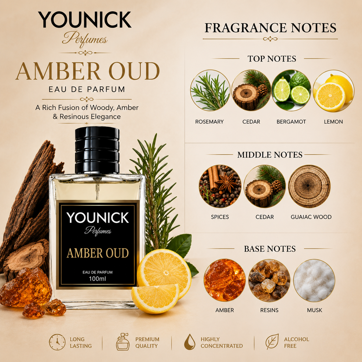 YOUNICK  Amber Oud Eau De Parfum | Long Lasting Luxury Perfume | Woody Amber Resinous Fragrance | Unisex