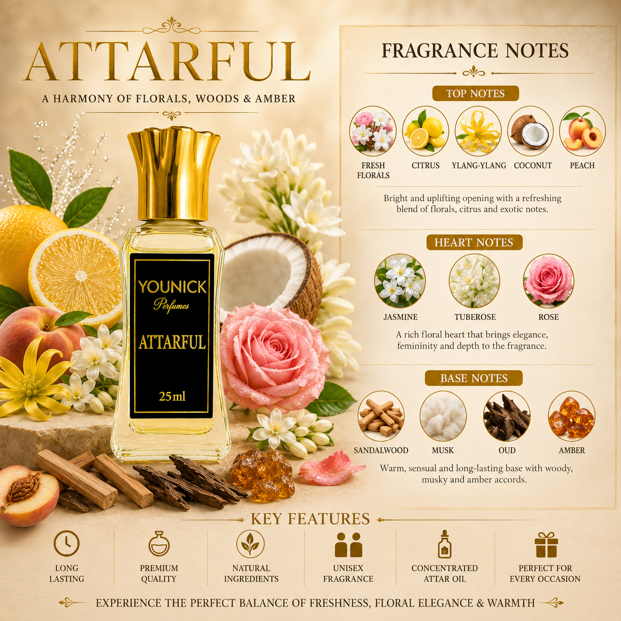 YOUNICK ATTARFUL Premium Attar Perfume Oil | Long Lasting Alcohol-Free Unisex Attar | Floral, Citrus, Oud & Amber
