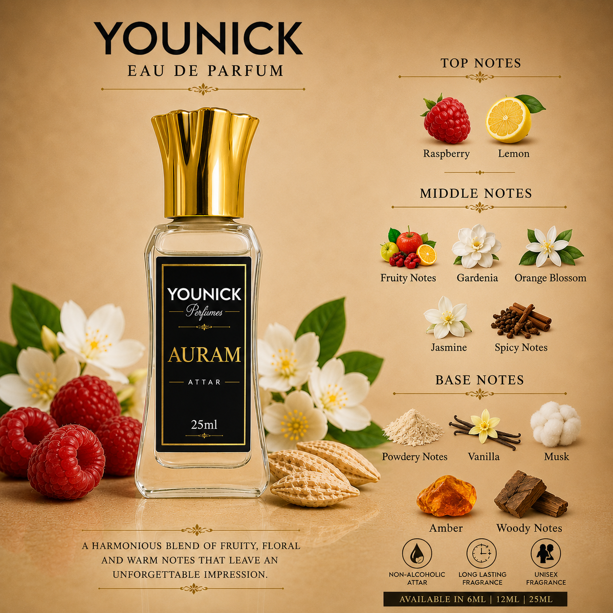 YOUNICK AURAM Attar (Inspired Version of Aurum by Ajmal) | Premium Long Lasting Non-Alcoholic Attar | Unisex Perfume Oil | Available in