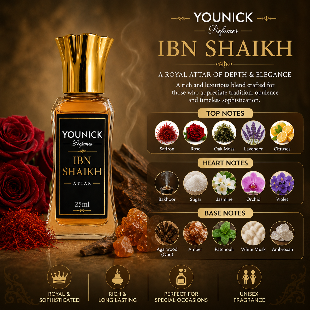 IBN SHEIKH by YOUNICK Attar for Men & Women Inspired By Bꀤn S卄aik🅗 by Ahmⓔd Al Mⓐghrib🅘 Luxury Arabian Oud Perfume | Long Lasting Fragrance