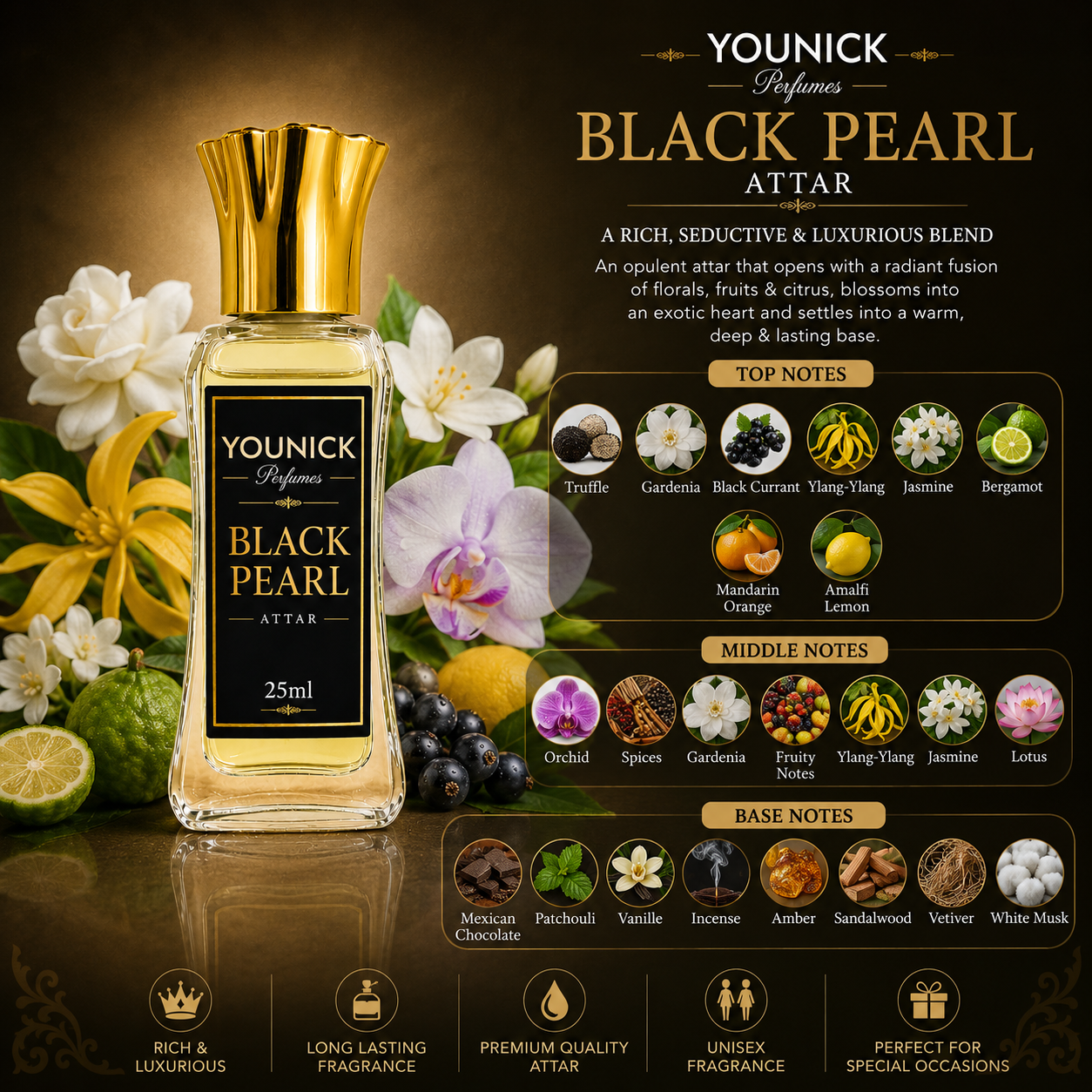YOUNICK Black Pearl Premium Attar Inspired By Tomford Black Orchid | Luxury Long Lasting Perfume Oil | Unisex Concentrated Attar
