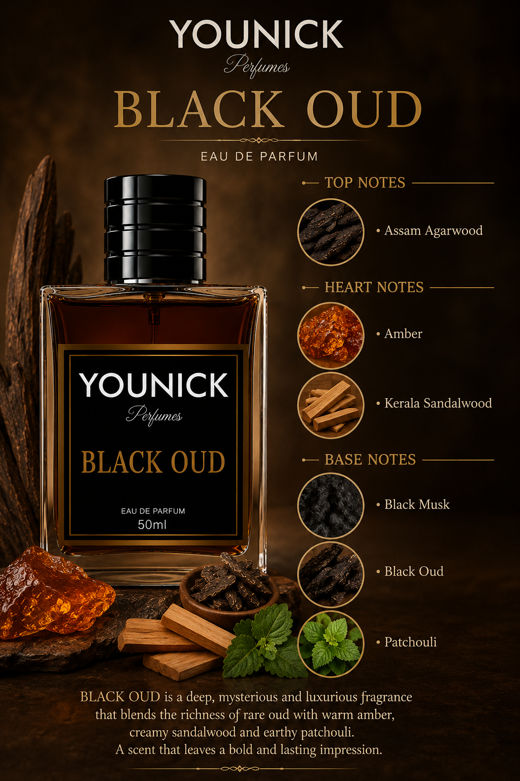YOUNICK Black Oud Eau De Parfum | Premium Long Lasting Luxury Perfume for Men & Women | Assam Agarwood, Amber, Kerala Sandalwood, Black Musk & Patchouli
