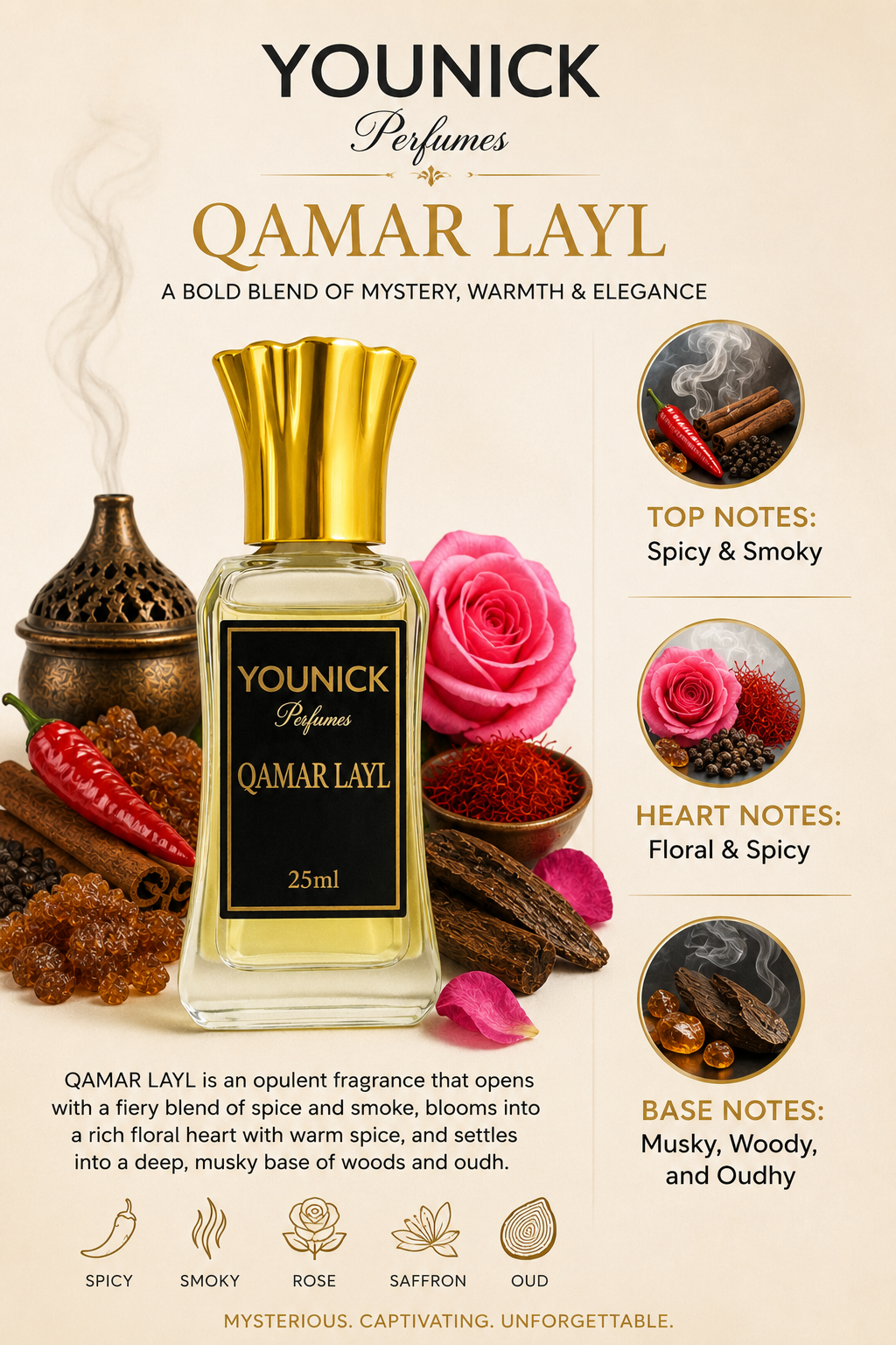 QAMAR LAYL Attar by YOUNICK – Spicy Smoky Oud Floral Perfume Oil