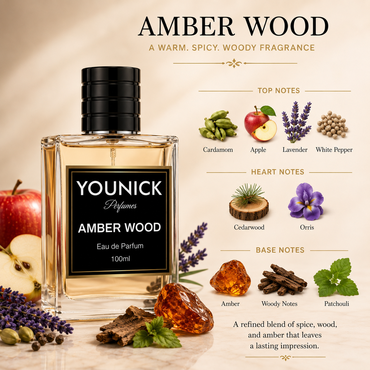 YOUNICK Amber Wood Eau de Parfum for Men & Women | Fresh Spicy Woody Luxury Perfume | Long Lasting Fragrance