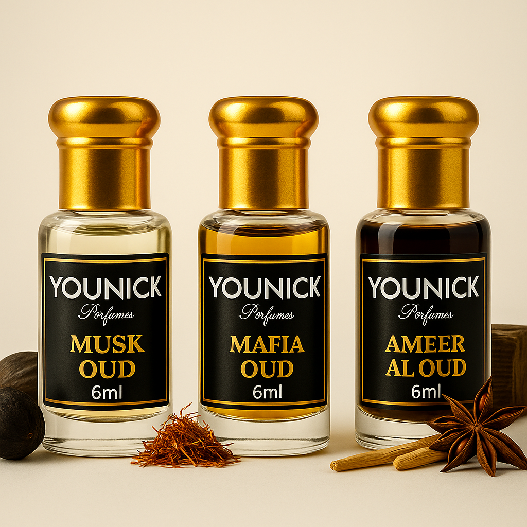 YOUNICK Combo of 3 Premium Oud Attars (Musk Oud, Mafia Oud & Ameer Al Oud) | Long Lasting Arabic Fragrance | Non-Alcoholic Attar Oils | 6ml × 3