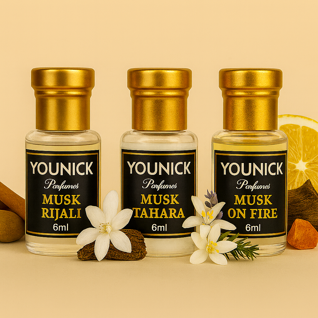 YOUNICK Combo of 3 Premium Musk Attars (Musk Rijali, Musk Tahara & Musk On Fire) | Long Lasting Non-Alcoholic Attar Oils | 6ml × 3