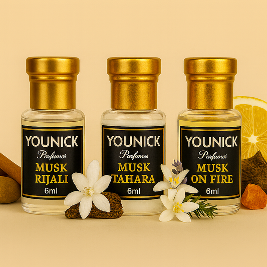 YOUNICK Combo of 3 Premium Musk Attars (Musk Rijali, Musk Tahara & Musk On Fire) | Long Lasting Non-Alcoholic Attar Oils | 6ml × 3