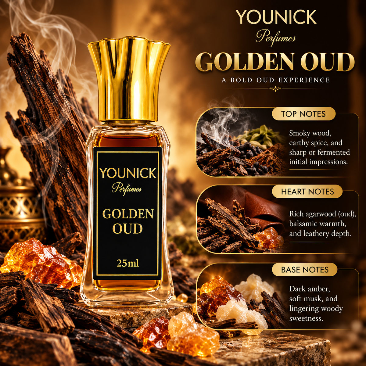 YOUNICK Golden Oud Attar | Premium Smoky Oud & Amber Fragrance | Long-Lasting Woody Musk Perfume Oil