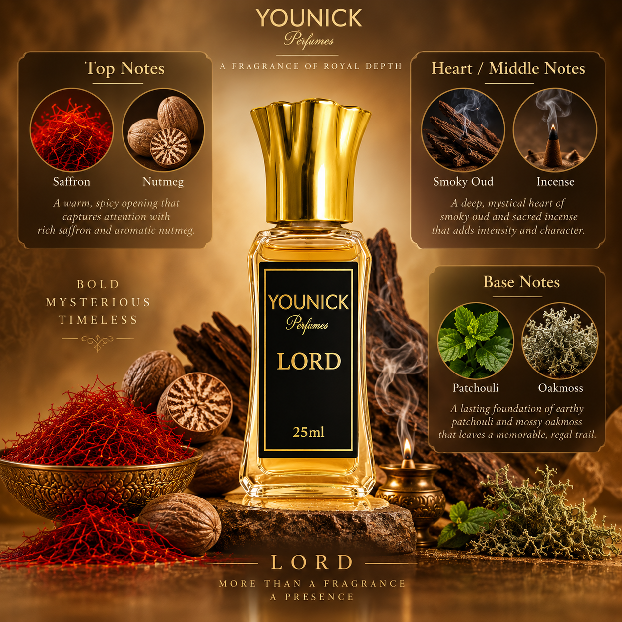 YOUNICK LORD Attar – Premium Saffron, Nutmeg & Oud Fragrance | 6ml / 12ml / 25ml