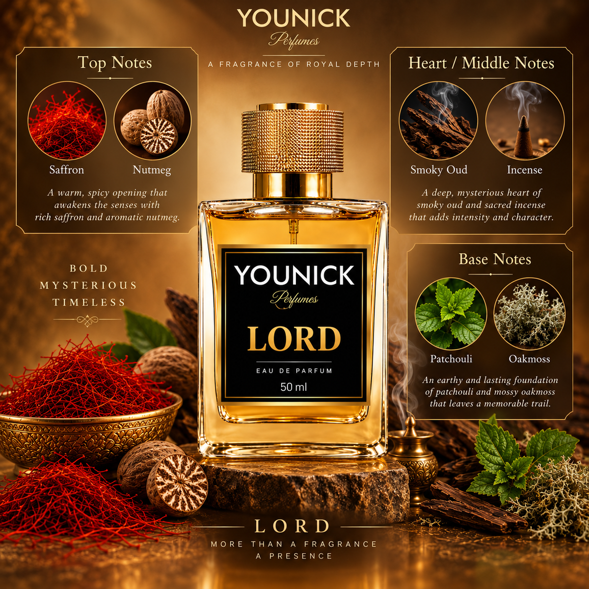YOUNICK LORD Eau De Parfum – Premium Saffron, Oud & Spicy Woody Fragrance | 50ml / 100ml