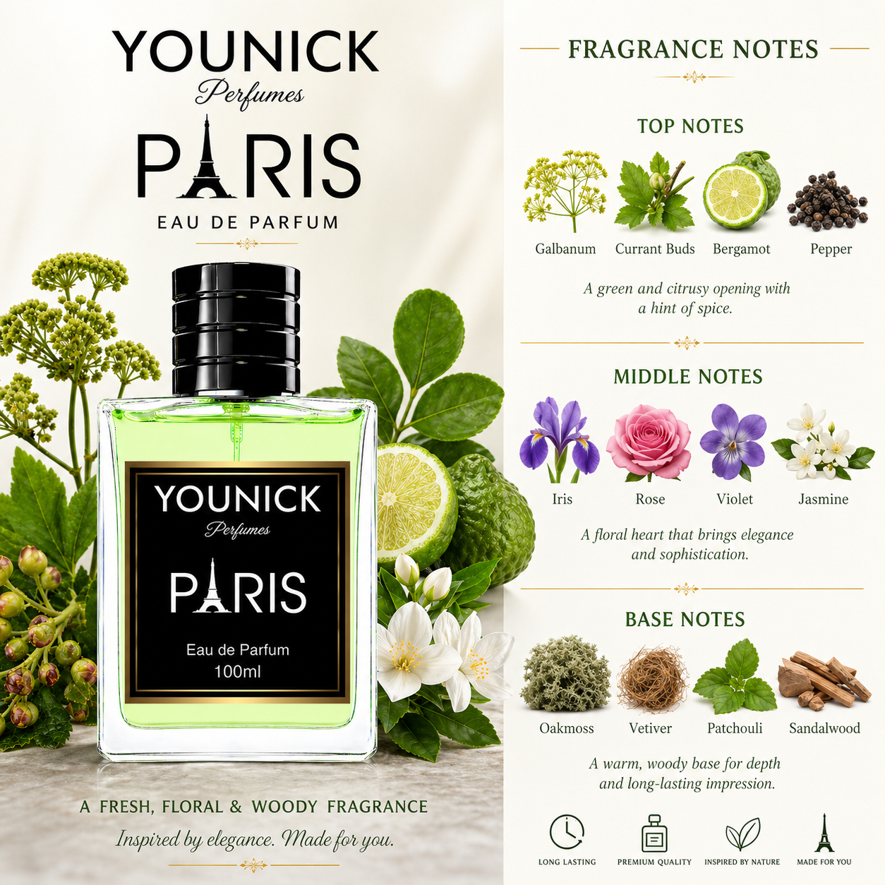 YOUNICK Paris Eau De Parfum – Fresh Floral Chypre Luxury Perfume