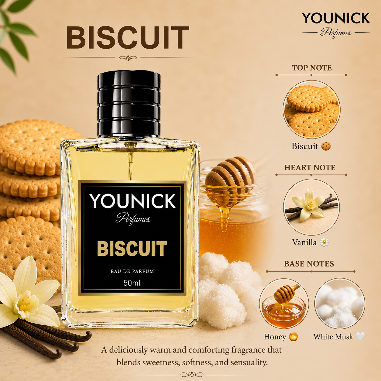 YOUNICK Biscuit Eau De Parfum – 50ml / 100ml | Sweet, Warm & Musky Gourmand Scent