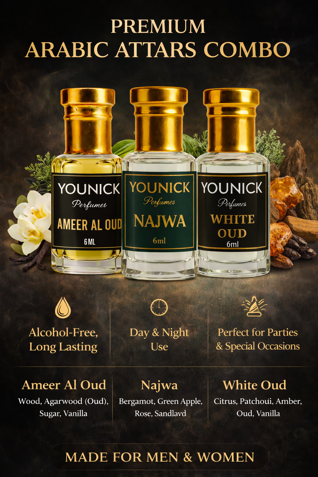 YOUNICK Arabic Attar Combo – Ameer Al Oud, Najwa & White Oud | 3 × 6ml Long Lasting Alcohol-Free Attars for Men & Women