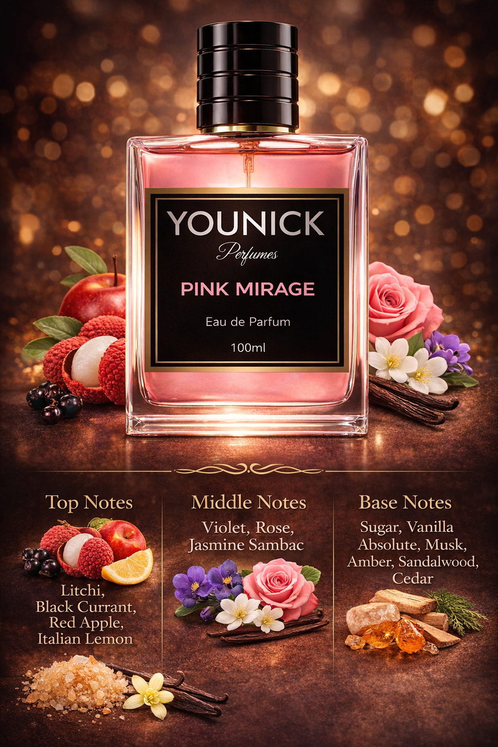 YOUNICK Pink Mirage Eau De Parfum – Sparkling Lychee & Floral Vanilla Luxury Perfume